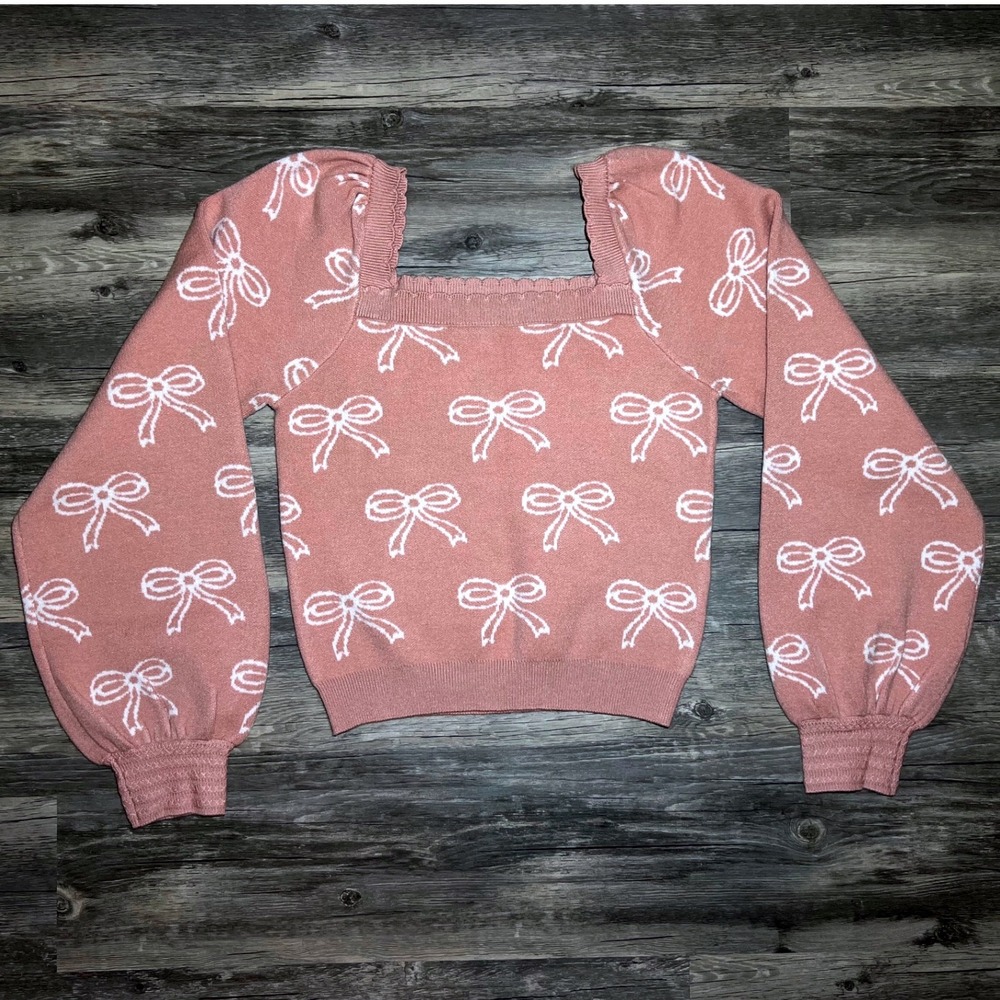 Willow & Wind Bow Sweater Medium Pink Coquette Knit Puff Sleeve Balletcore Top